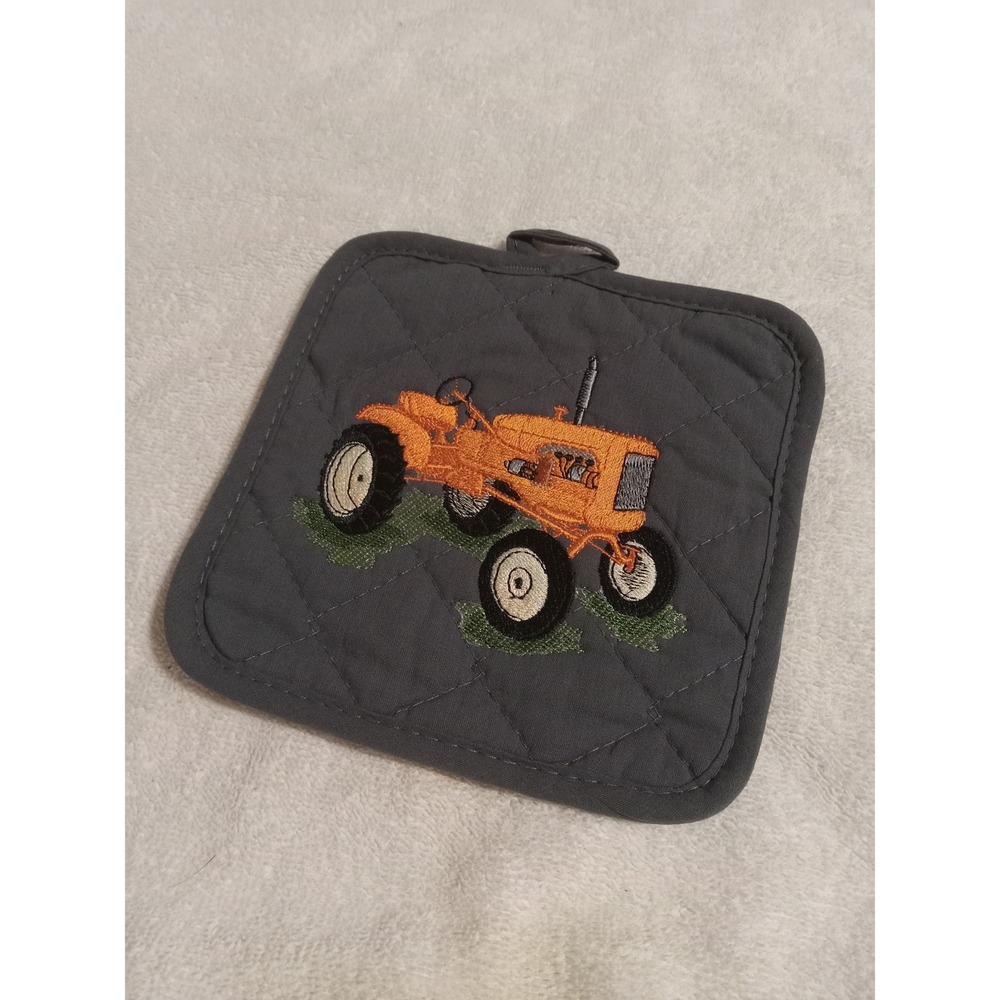Gray Quilted Potholder with Embroidered Orange Tractor Kitchen Decor